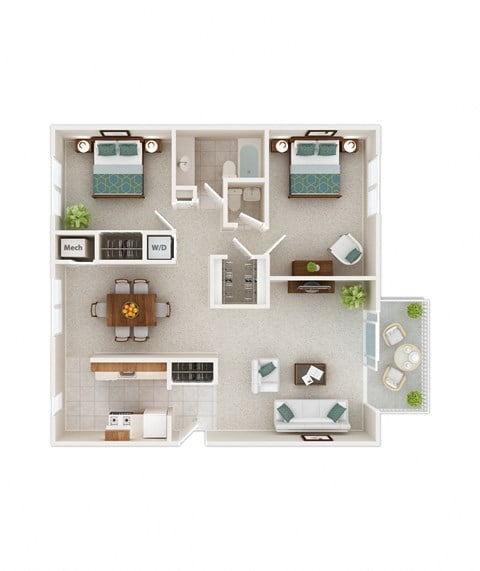 Floor plan for 2 beds, 1.5 baths, 982 sqft